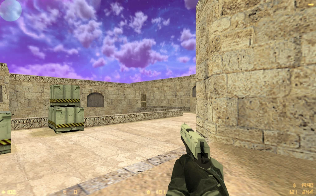 Скриншот игрового процесса Counter-Strike 1.6 Printstream, изображающий персонажа с оружием на фоне карты в стиле маньера и фиолетового неба.